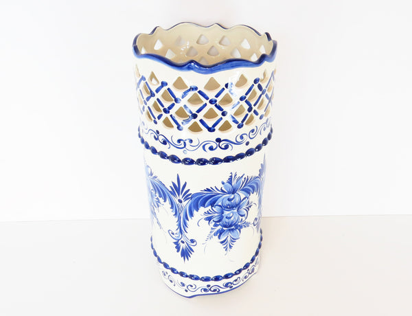 edgebrookhouse Vintage 1980s Blue and White Ceramic Umbrella Stand Made in Portugal