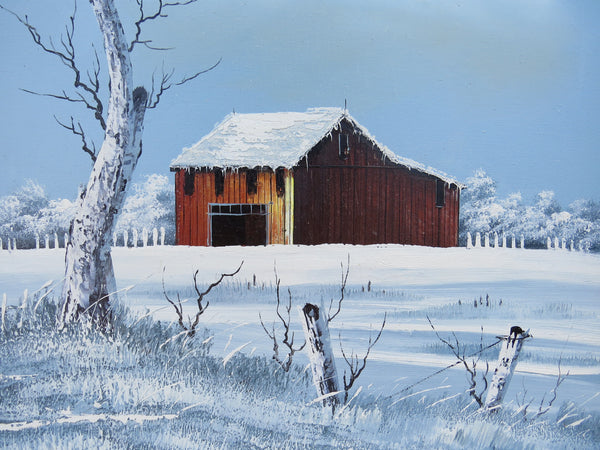 edgebrookhouse Vintage Everett Woodson Oil on Canvas Snow Scene Painting Featuring a Barn