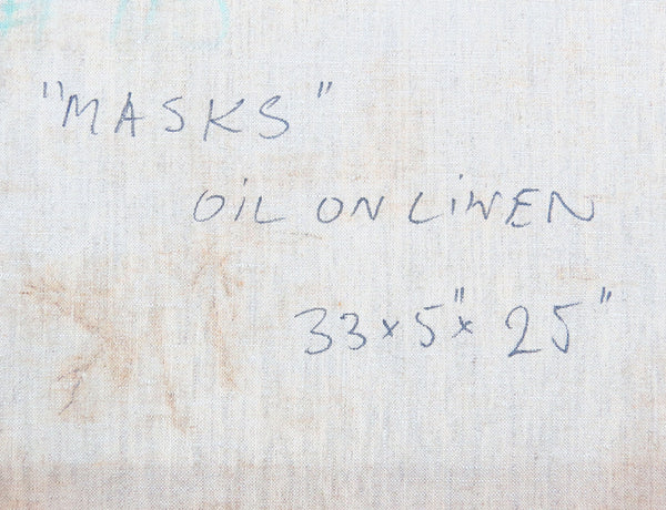 edgebrookhouse Vintage Original Marek Kossiba Oil on Linen Titled "Masks" Signed and Dated 1972