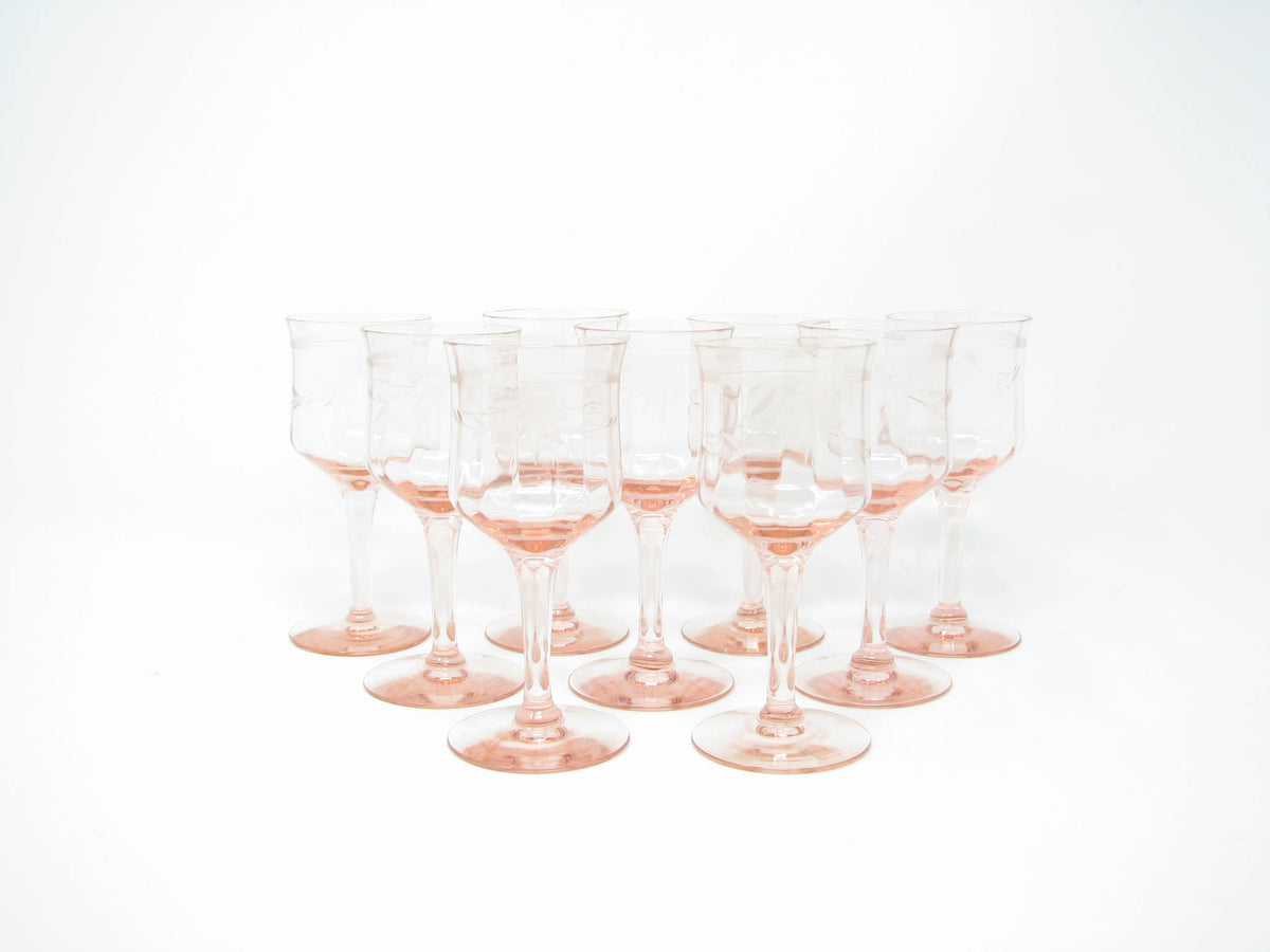 Antique Tiffin Pink Cut Crystal Wine Goblets with Floral Design