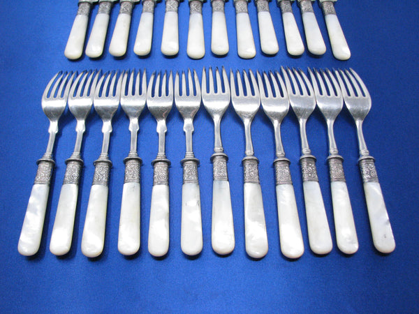 edgebrookhouse - Antique Victorian Landers Frary & Clark Stainless Steel with Mother of Pearl Luncheon Knives and Forks - 24 Pieces