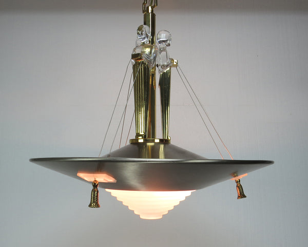 edgebrookhouse - Hollywood Regency Art Deco Style Crystal, Brass, Frosted Glass, and Brushed Steel Chandelier