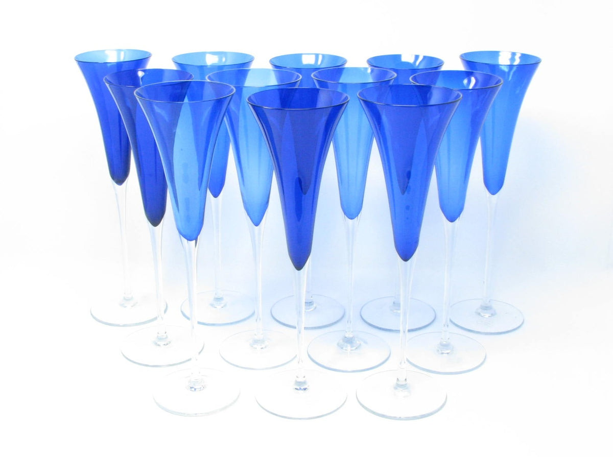 Modern Cobalt Blue Fluted Champagne Glasses Made in Romania for