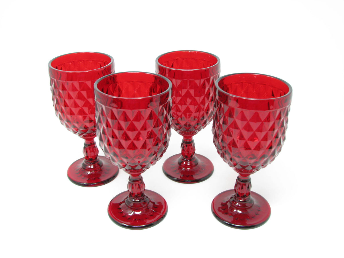 1880's Wine Goblets Set of 4 Cut to Clear Ruby Red Hand Blown