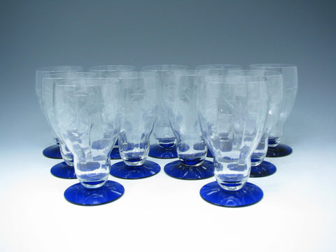 edgebrookhouse - Vintage 1930s Weston Cut Glass Ice Tea Glasses with Floral Design and Cobalt Foot - 11 Pieces