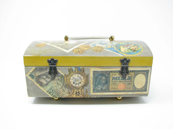 edgebrookhouse - Vintage 1960s Anton Pieck Style Decoupage Decorative Wooden Purse or Box Featuring International Currency