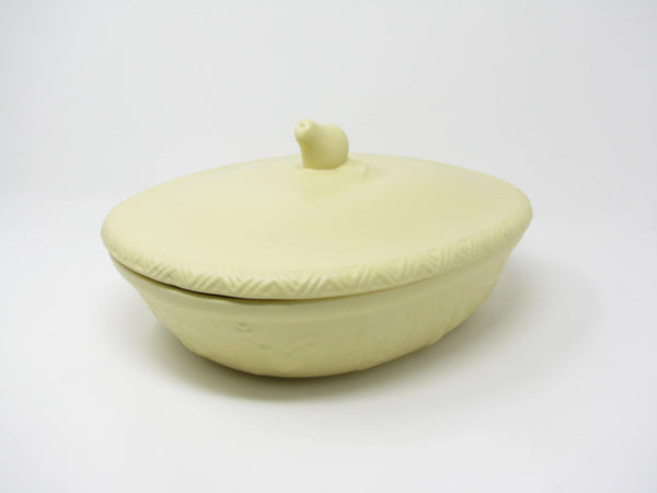 edgebrookhouse - Vintage Faria & Bento Les Fruits Yellow Stoneware Lidded Baker or Serving Dish with Pear Finial Designed by Suzanne Nicoll
