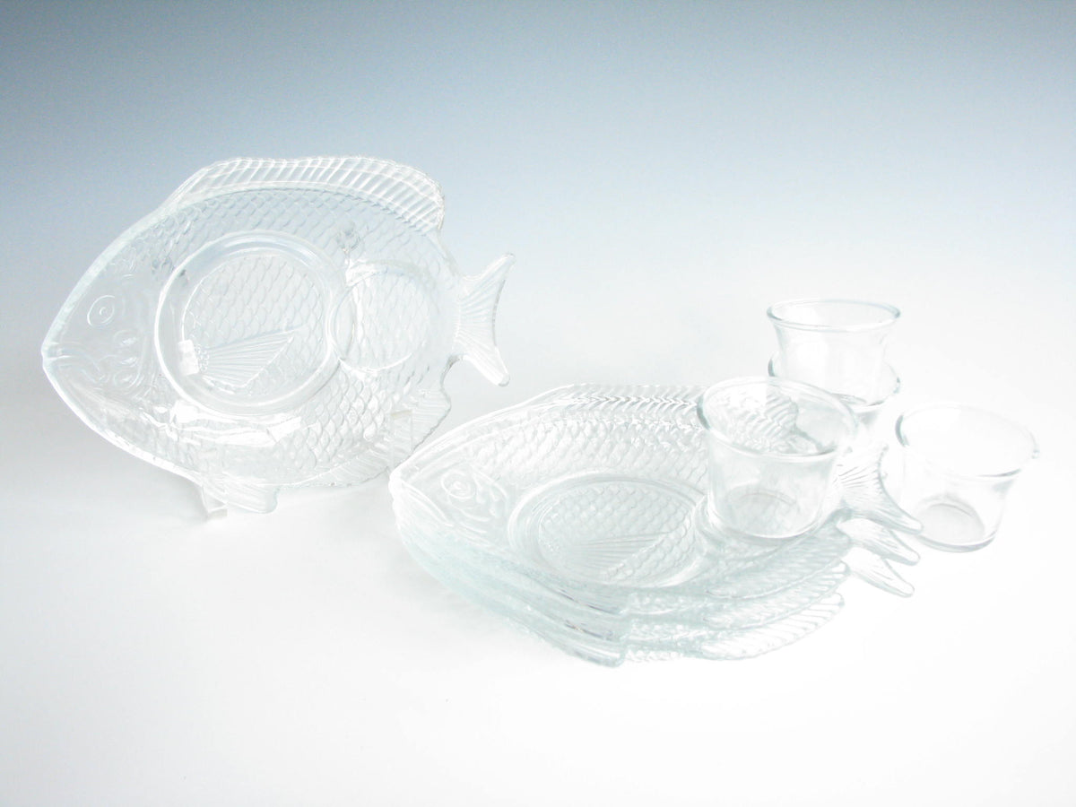 Vintage Fish Shaped Glass Snack Plates with Glass Condiment Cups 8 P