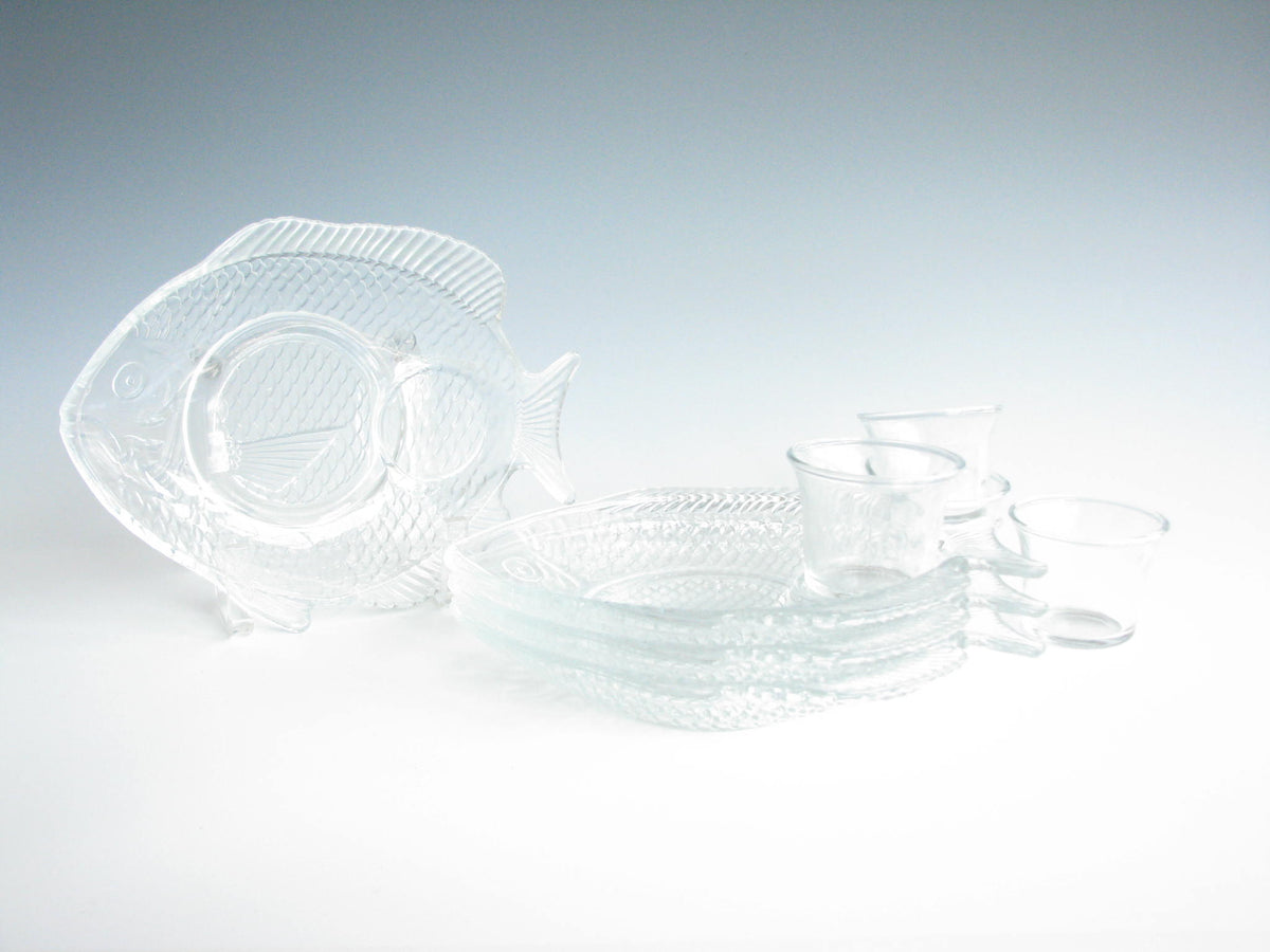 Vintage Fish Shaped Glass Snack Plates with Glass Condiment Cups 8 P