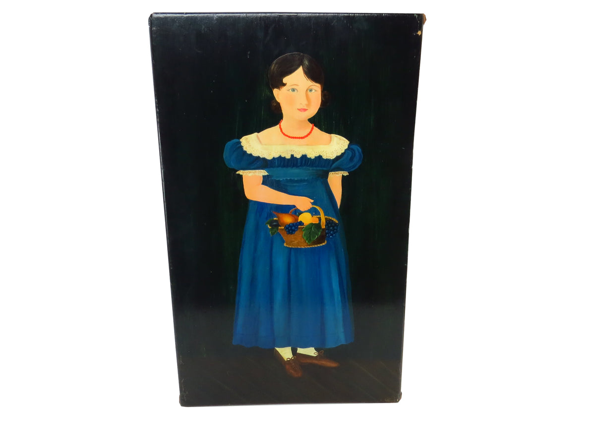 blue dress painting Vintage Folk Art Oil on Wood of Girl in Blue Dress Artist Signed E. Wo –  edgebrookhouse