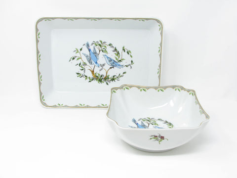 edgebrookhouse - Vintage Georges Briard Woodland Melody Serving Bowl and Rectangular Dish with Blue Bird Designs - 2 Pieces
