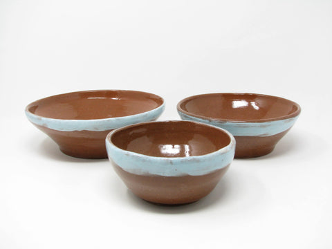 edgebrookhouse - Vintage Hand-Crafted Clay Pottery Nesting Bowls with Turquoise Stripe - 3 Pieces