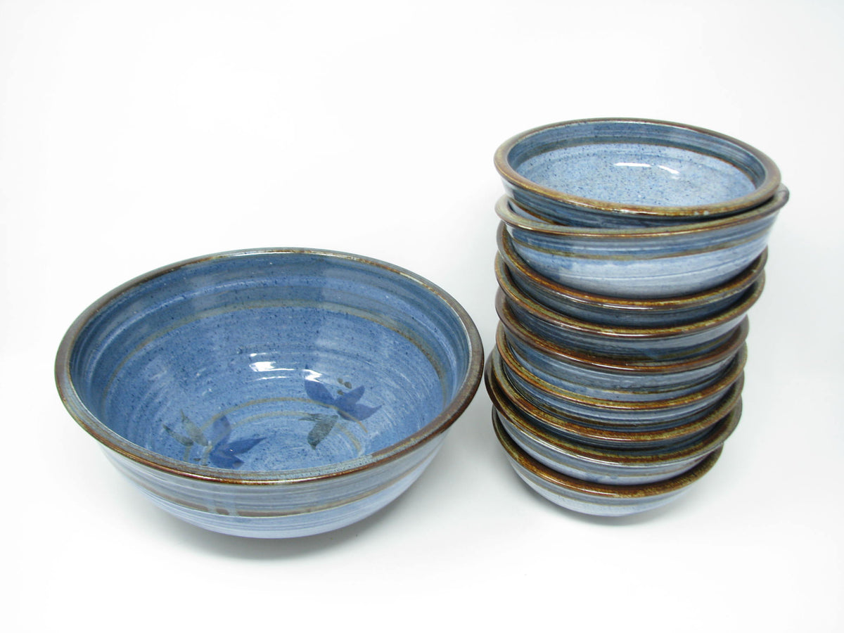 Vintage Hand Thrown Studio Art Pottery Blue Glazed Bowls with Serving ...