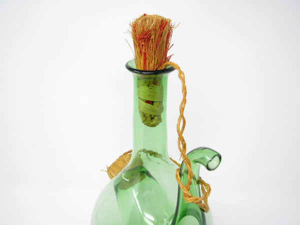edgebrookhouse - Vintage Italian Green Blown Glass Wine Decanter with Straw Stoppers