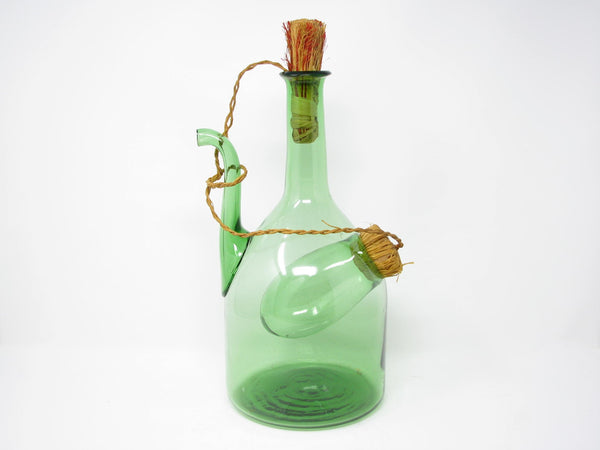 edgebrookhouse - Vintage Italian Green Blown Glass Wine Decanter with Straw Stoppers