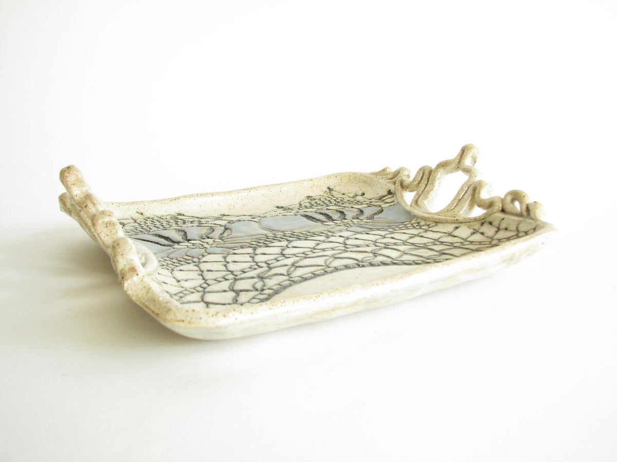 Vintage Jana Kozon Studio Art Pottery Tray with Intricate Handles and
