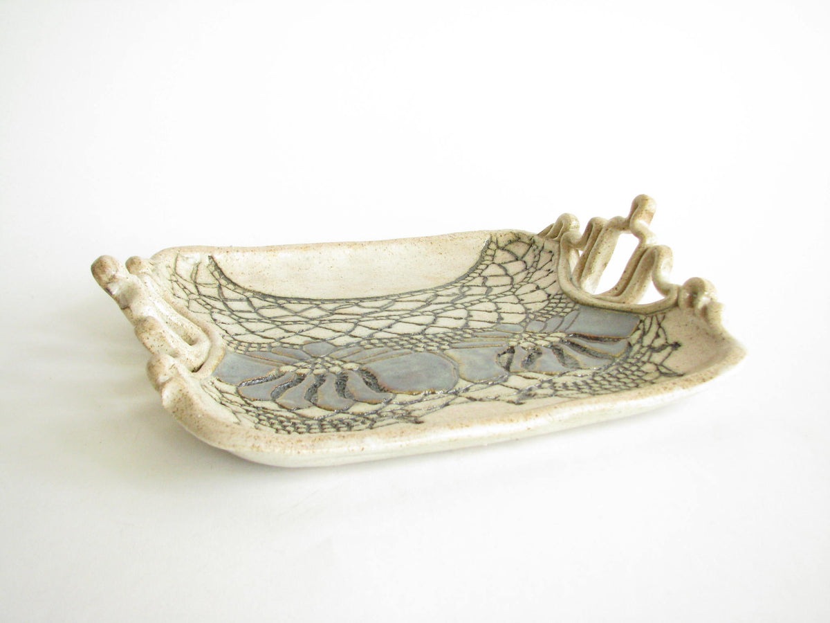Vintage Jana Kozon Studio Art Pottery Tray with Intricate Handles and