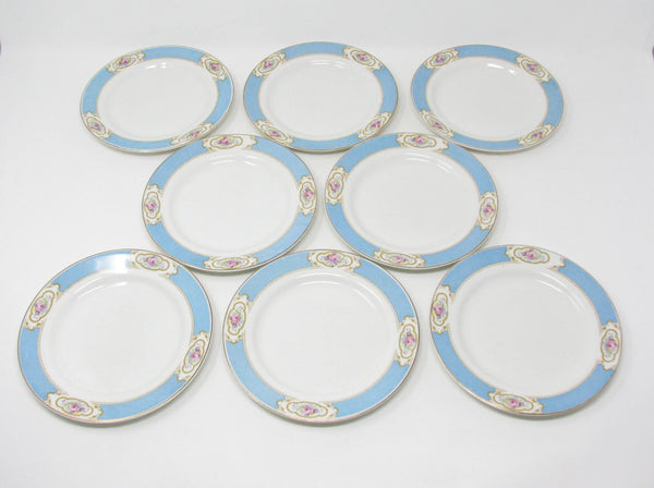 edgebrookhouse - Vintage Johnson Brothers Earthenware Bread Plates with Aqua Blue Band and Rose Design - 8 Pieces