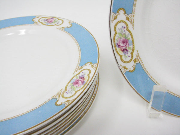 edgebrookhouse - Vintage Johnson Brothers Earthenware Bread Plates with Aqua Blue Band and Rose Design - 8 Pieces