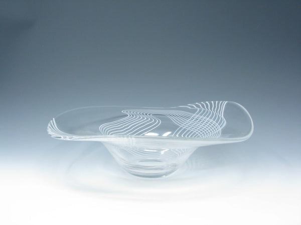 edgebrookhouse - Vintage Kosta Boda Vicke Lindstrand Freeform Wavy Glass Centerpiece Bowl with White Threads Signed