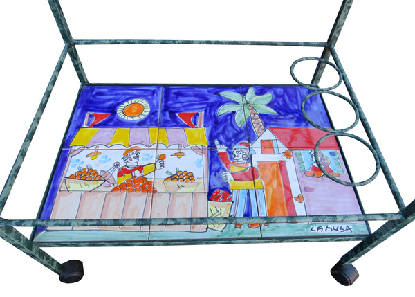 edgebrookhouse - Vintage La Musa Folk Art Ceramic Tile and Iron Bar Cart With Sicilian Marketplace Scene