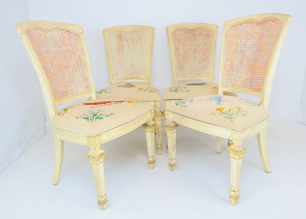 edgebrookhouse - Vintage Painted Dining Side Chairs With Caning and Needlepoint Upholstery - Set of 4