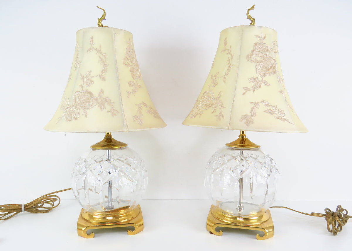 Vintage Waterford Crystal and Brass Bedside Lamps With Shades and