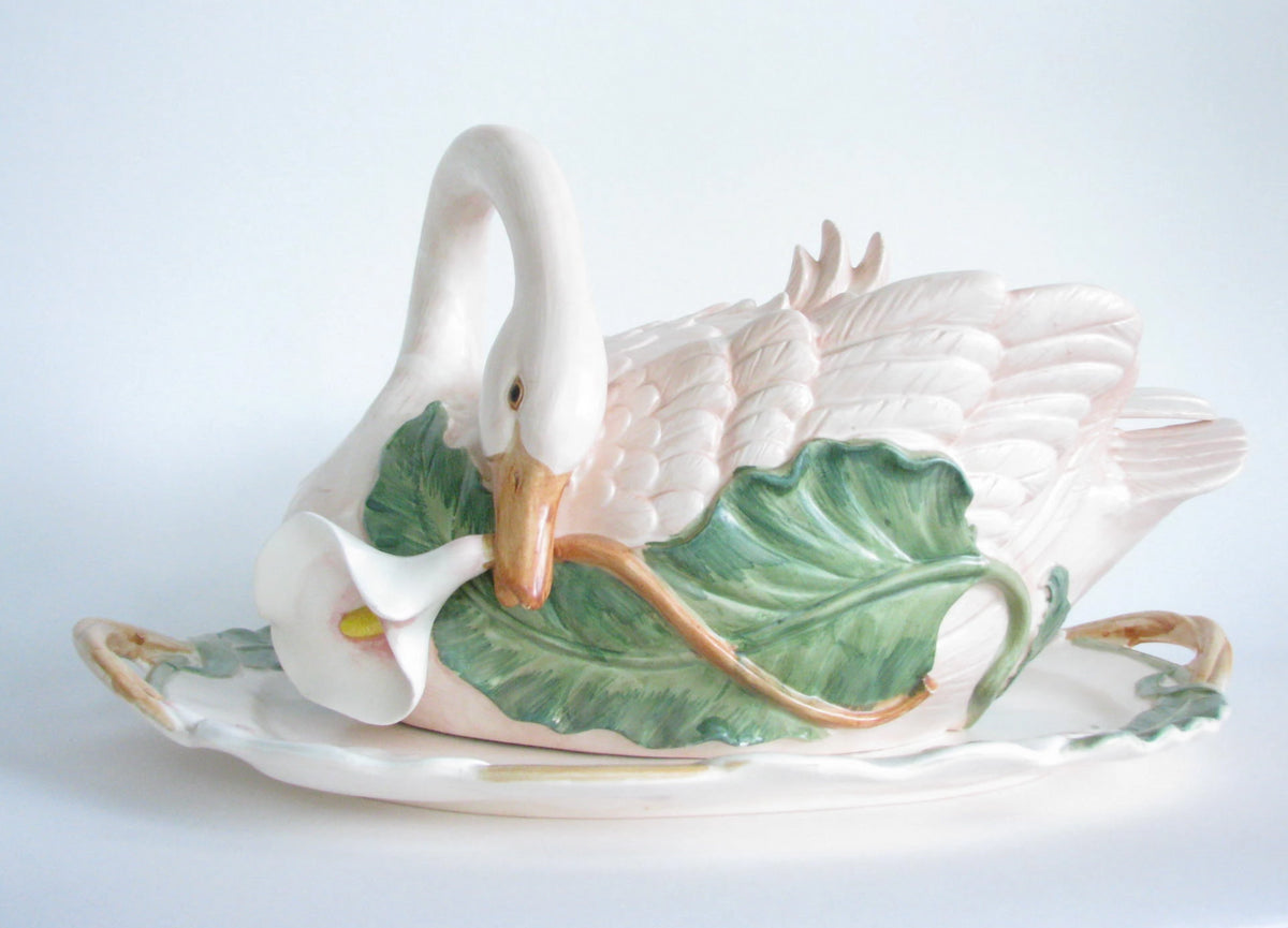 1980s Fitz and Floyd Ceramic Swan Soup Tureen with Platter and