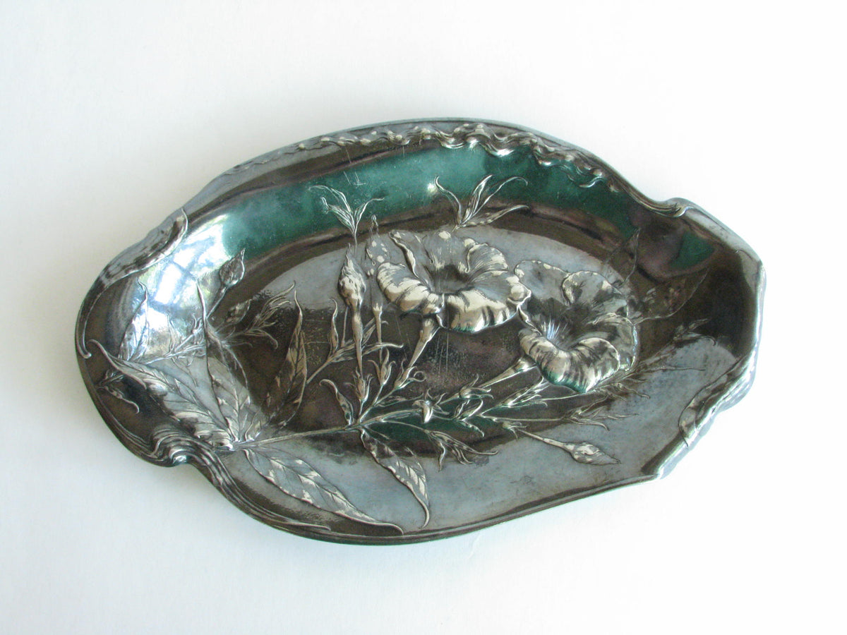 Antique James W Tufts 4368 Silver Plate High Relief Tray w Flowers