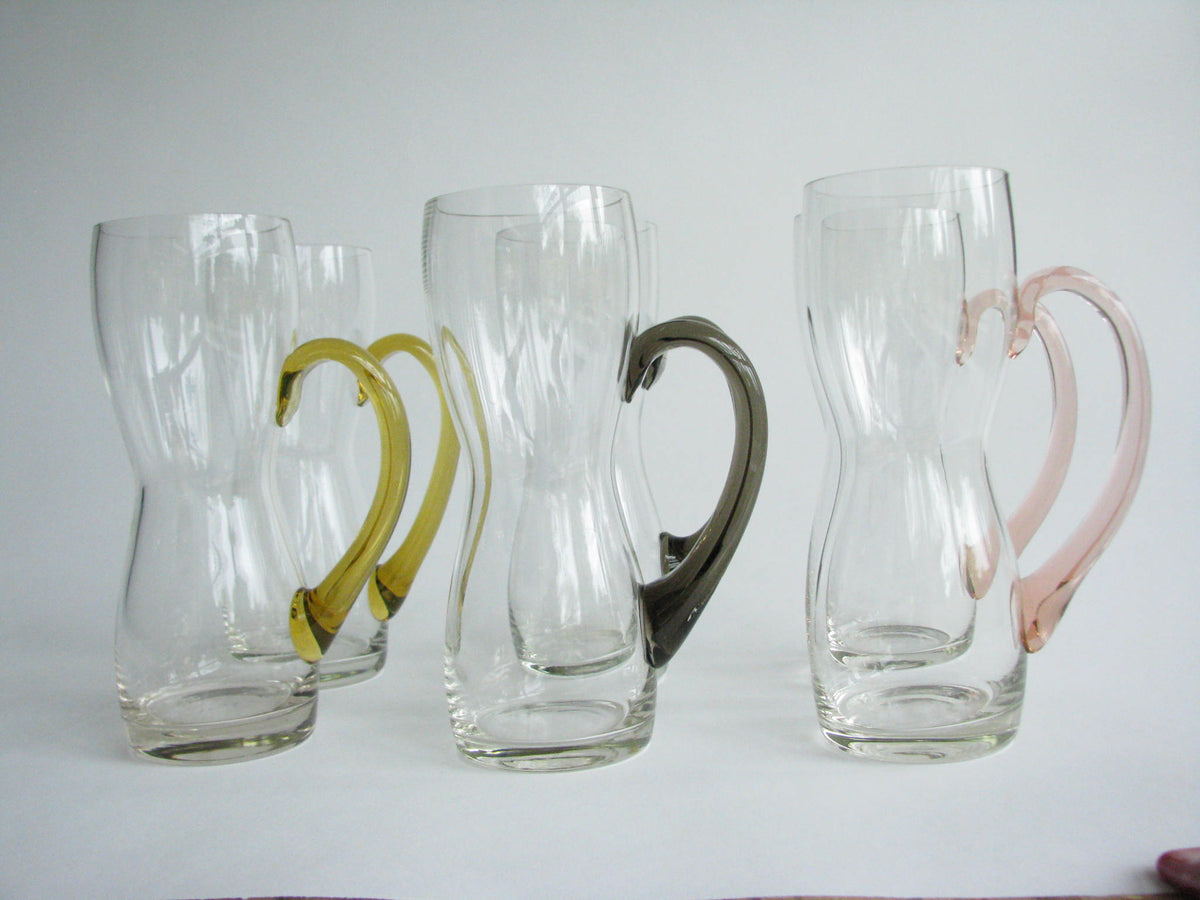 Hand Blown Glass Mugs with Multicolor Handles in the Style of Per Lutk
