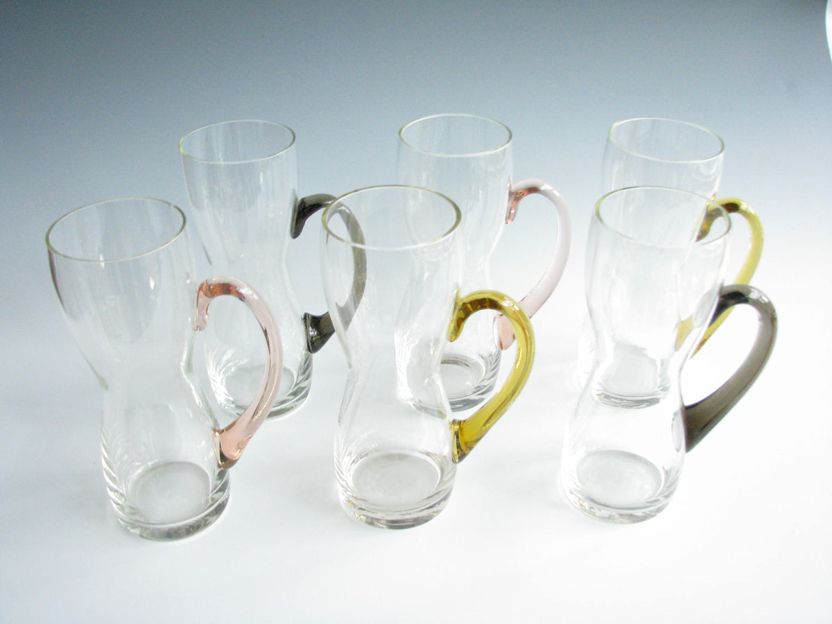 Hand Blown Glass Mugs with Multicolor Handles in the Style of Per Lutk