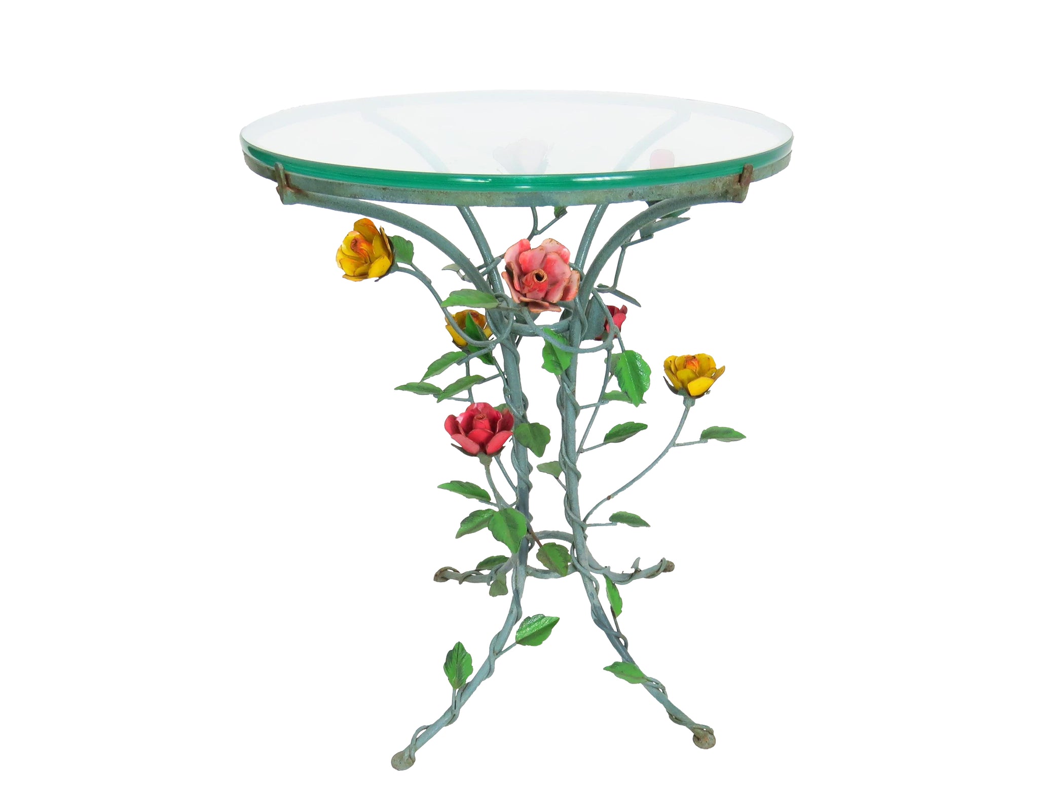 edgebrookhouse Antique Italian Wrought Iron Side Table with Hand Painted Roses and Vines