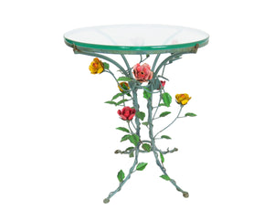 Antique Italian Wrought Iron Side Table with Hand Painted Roses and Vines