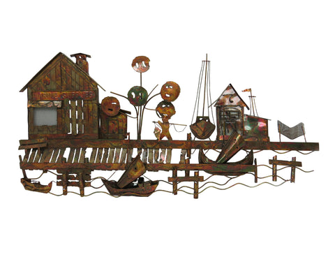 edgebrookhouse - Vintage Curtis Jere Style Torch Cut Copper Wall Sculpture of a Boat Dock Scene
