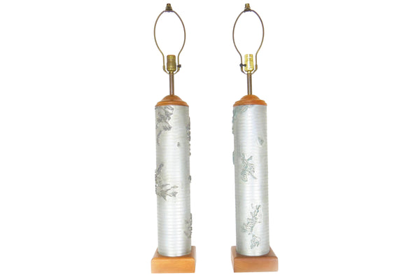 edgebrookhouse - Antique Wallpaper Roller Table Lamps with Floral Relief - a Pair
