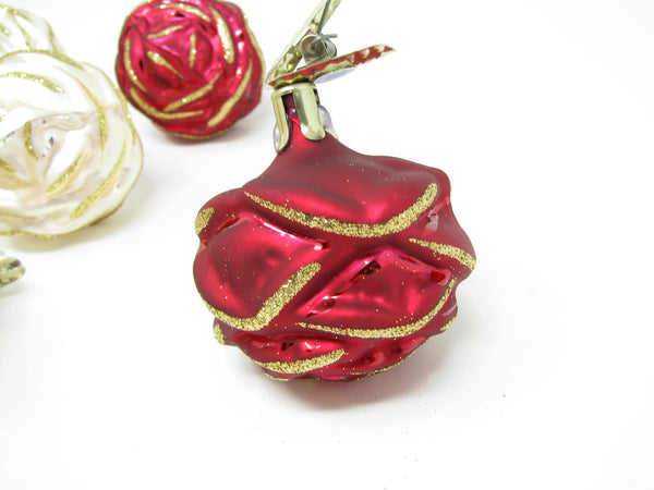 Vintage Rose Rosette or Pinecone Figural Glass Ornaments Made in Germany - 9 Pieces