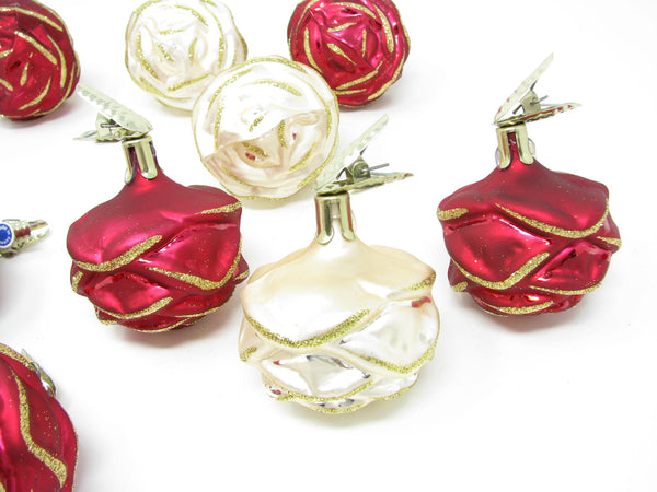 Vintage Rose Rosette or Pinecone Figural Glass Ornaments Made in Germany - 9 Pieces