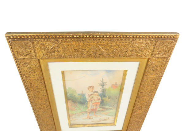 edgebrookhouse - Antique Original Fanny Mearns Watercolor in Aesthetic Movement Gilt and Gesso Frame