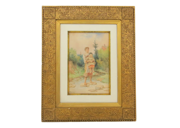 edgebrookhouse - Antique Original Fanny Mearns Watercolor in Aesthetic Movement Gilt and Gesso Frame