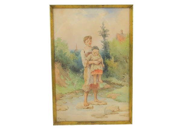 edgebrookhouse - Antique Original Fanny Mearns Watercolor in Aesthetic Movement Gilt and Gesso Frame