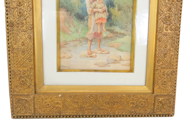 edgebrookhouse - Antique Original Fanny Mearns Watercolor in Aesthetic Movement Gilt and Gesso Frame