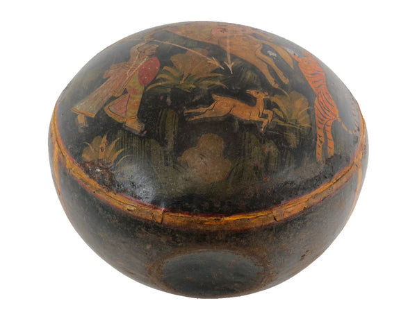edgebrookhouse - Antique Hand-Crafted Indian Tin Vessel with Hand-Painted Mughal Hunting Scene