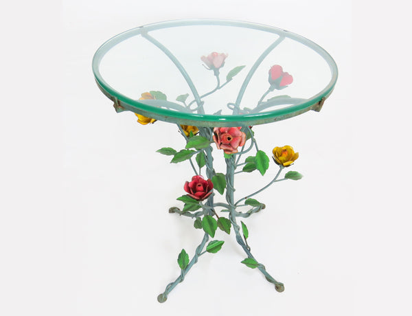 edgebrookhouse Antique Italian Wrought Iron Side Table with Hand Painted Roses and Vines