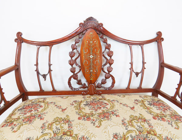 edgebrookhouse Antique Late 19th Century Edwardian Carved Mahogany Settee With Mother-Of-Pearl Inlay