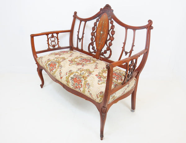 edgebrookhouse Antique Late 19th Century Edwardian Carved Mahogany Settee With Mother-Of-Pearl Inlay