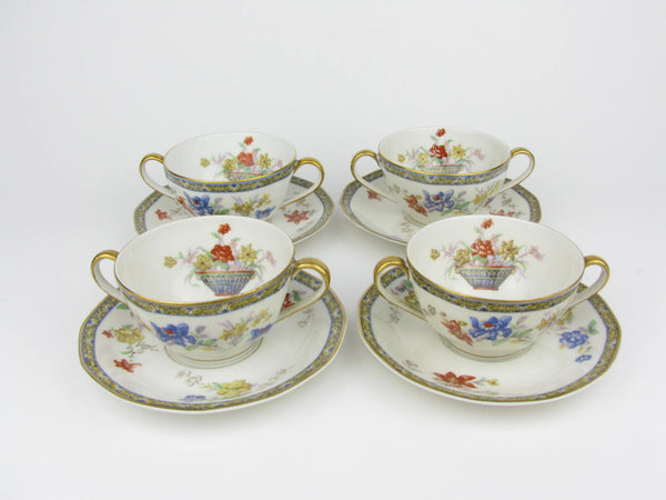 edgebrookhouse - Antique Theodore Haviland Ganga Floral Basket Porcelain Bouillon Soup Cups & Saucers - 8 Pieces