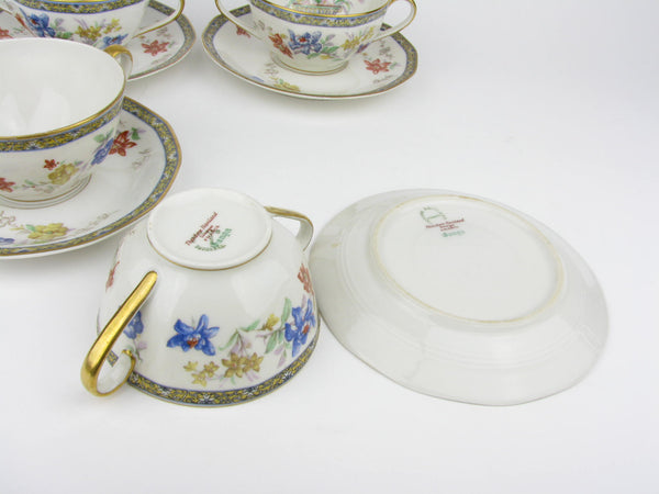 edgebrookhouse - Antique Theodore Haviland Ganga Floral Basket Porcelain Bouillon Soup Cups & Saucers - 8 Pieces