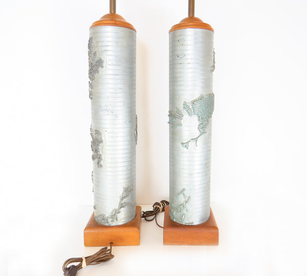 edgebrookhouse - Antique Wallpaper Roller Table Lamps with Floral Relief - a Pair