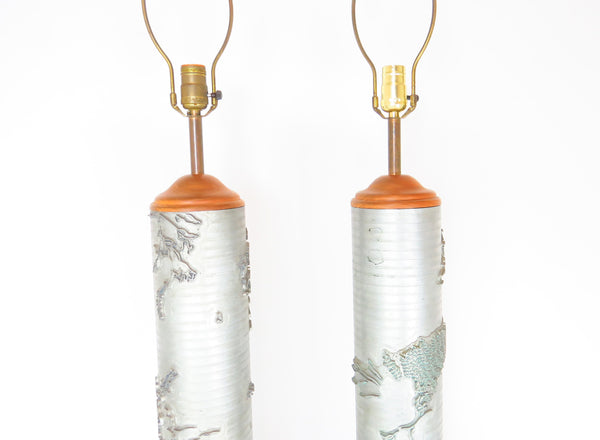 edgebrookhouse - Antique Wallpaper Roller Table Lamps with Floral Relief - a Pair