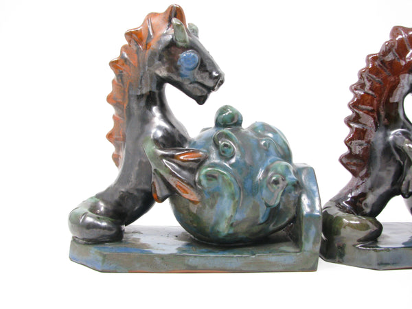 Antique Wiener Werkstatte Vienna Austria Style Pottery Seahorse Bookends - a Pair